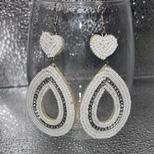 Elegant White and Silver Heart Teardrop Earrings